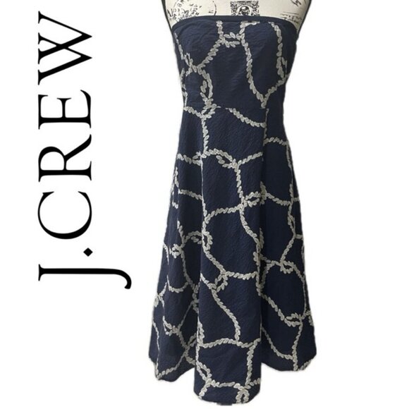 J.CREW NAUTICAL BLUE TAN STRAPLESS DRESS 100%COTTON SIZE 8 - Picture 1 of 16